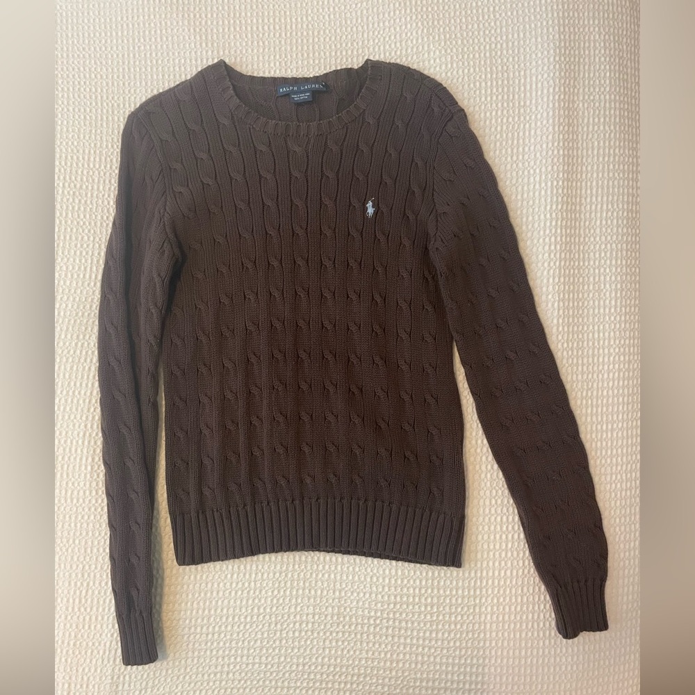 Ralph Lauren Sport Womens Cable Knit Sweater Sz Med Brown Designer Logo